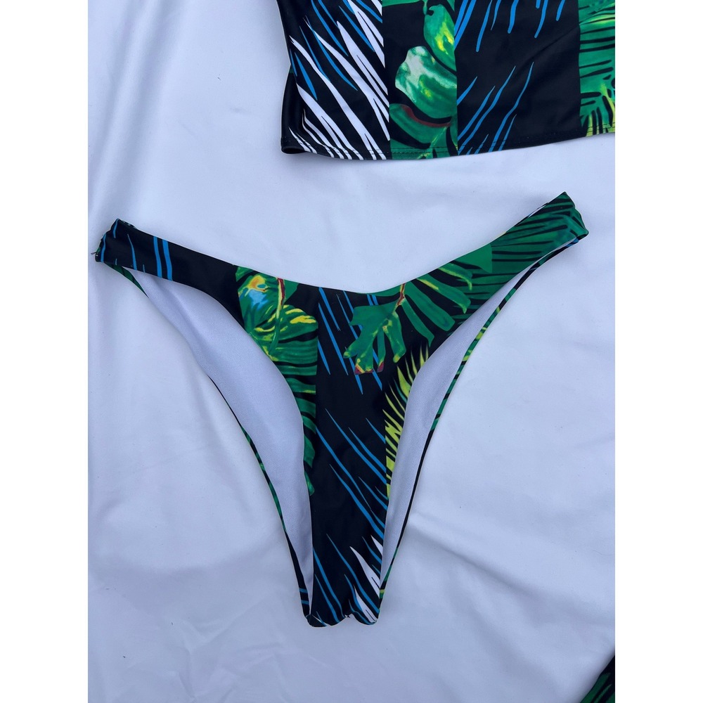 Tropical Palm Print 3 Piece Bikini Set with Mesh Maxi Skirt Cover Up Green M - Picture 10 of 10